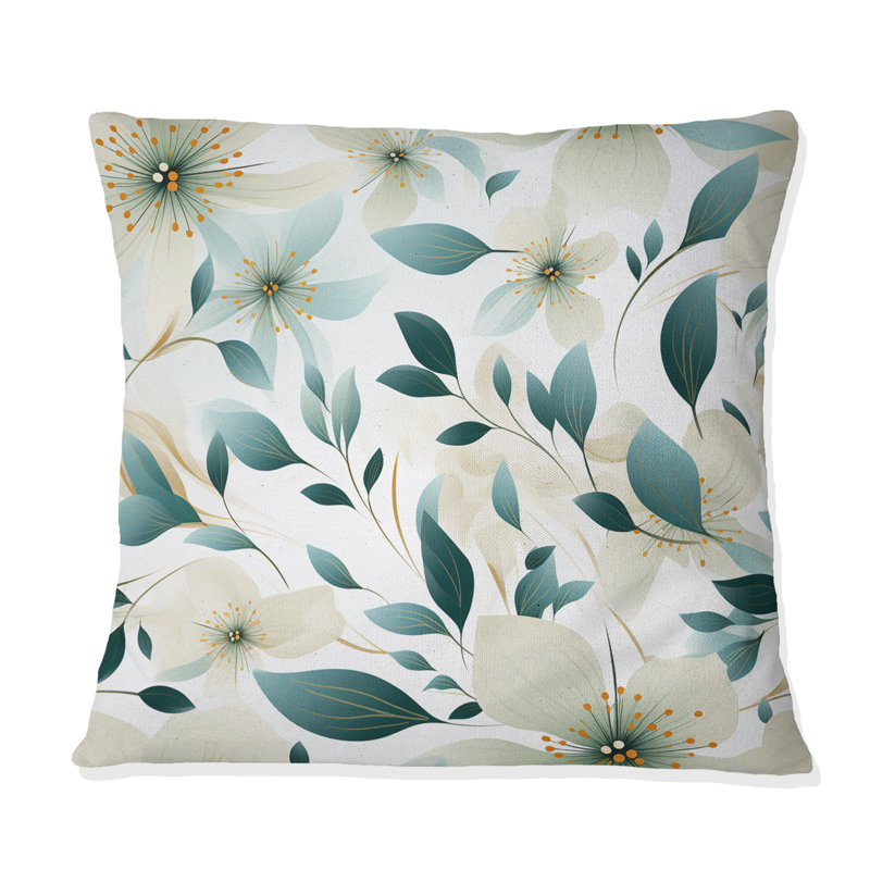Coussin décoratif bleu sarcelle et ivoire à motif floral III, H 16 po x l 16 po