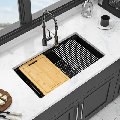 30x19" Quartz Undermount Sink Black - Granite Composite Workstation Hip Style For Stylish Kitchens