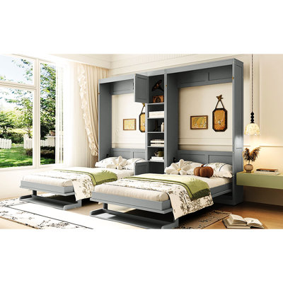 Murphy Bed With 2 Tall Cabinets, 4 Open Shelves And Convertible Shelf-legs