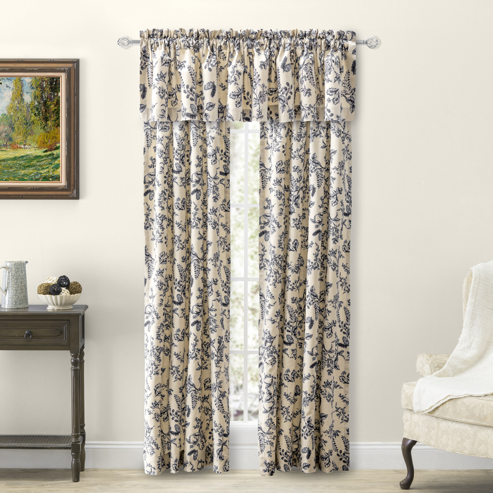 Toile Cotton 84" Tailored Window Valance, Black