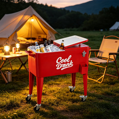 Chariot de refroidissement sur roulettes 80 pte sur pieds, chariot à boissons rouge rétro avec 4 roulettes pivotantes (2 verrouillables), ouvre-bouteille intégré, glacière extérieure portable pour patio, barbecue dans la cour arrière, fête et bar