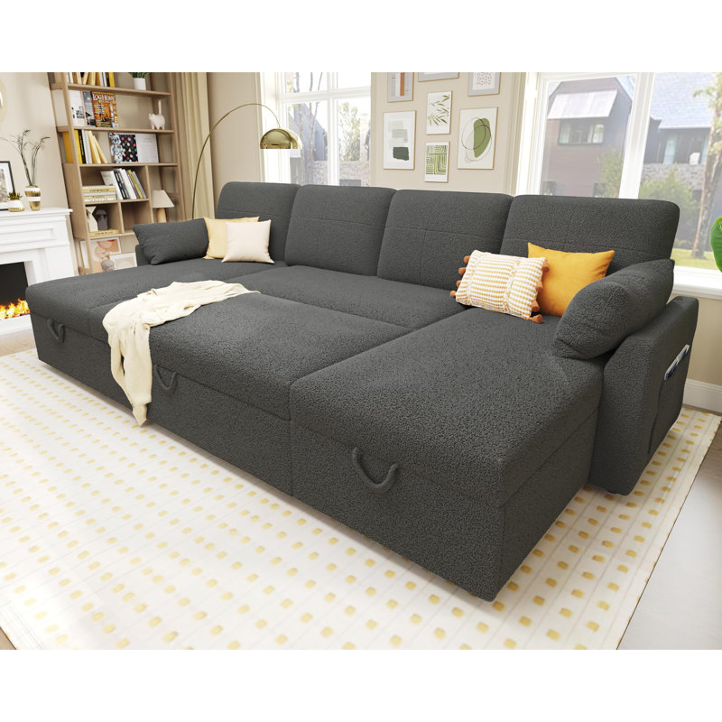 110 Inch Oversized Sofa Bed - 2 In 1 Pull Out Sleeper Sofa With Sectional And Double Storage Chaise, Gray Boucle