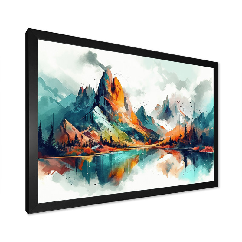 " Mountain Reflection On Lake I ", Black Picture Framed, 12" H x 20" W x 1" D