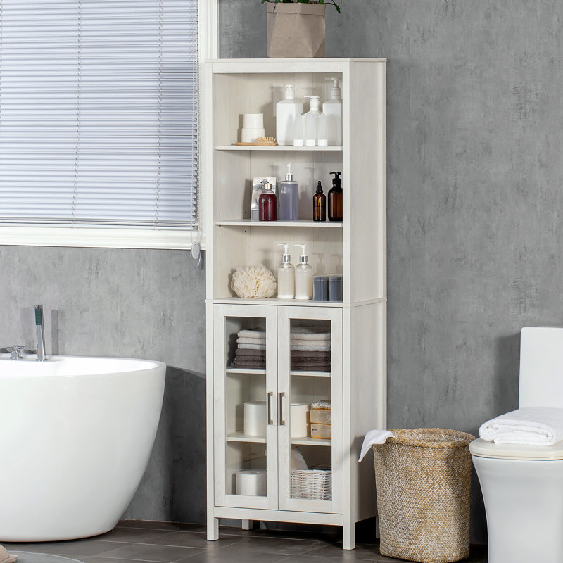 Tour à linge à 3 niveaux pour salle de bain, blanc antique, armoire autoportante, porte vitrée, tablette de rangement réglable, tablettes, blanc