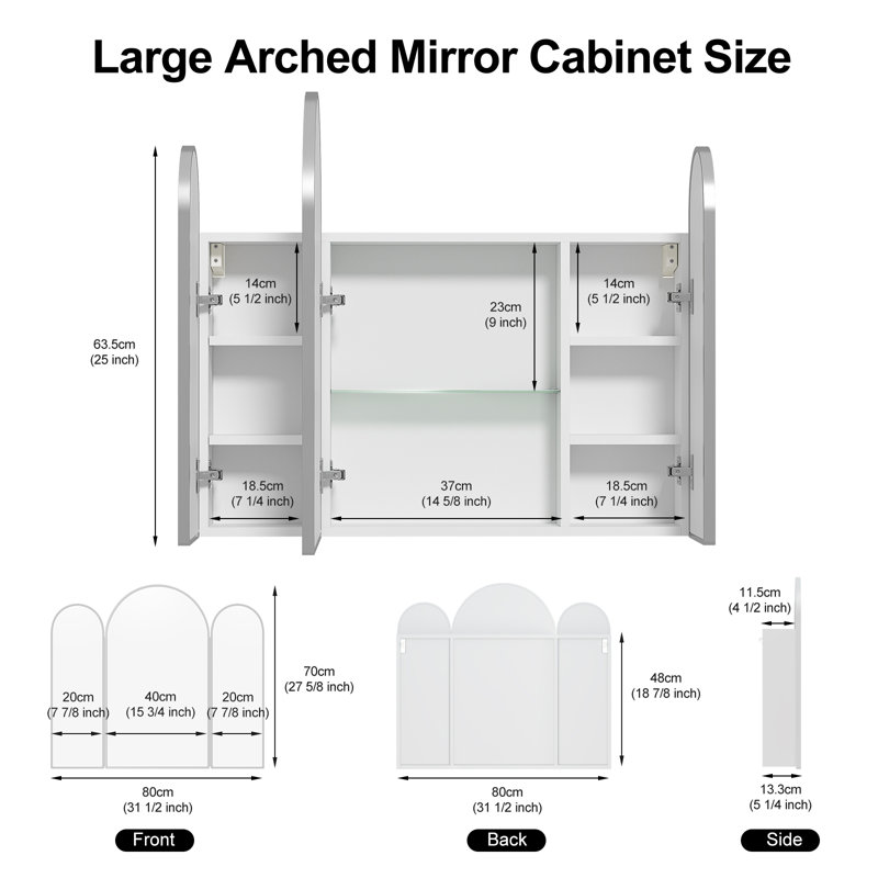Dashaun 31.5 "W Silver Medicine Cabinet With Triple Arched Mirror, Silver/White