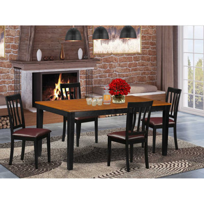 Ensemble de 5 tables de cuisine pour 4 personnes comprenant une table de salle à manger rectangulaire avec rallonge papillon et 4 chaises rembourrées en similicuir, noir et cerise