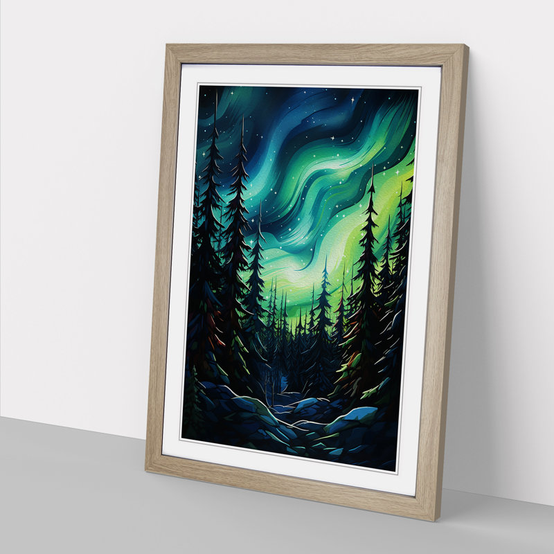 Northern Lights Abstract - Single Picture Frame Print on Wood, 64cm H x 46cm W x 2cm D, Oak