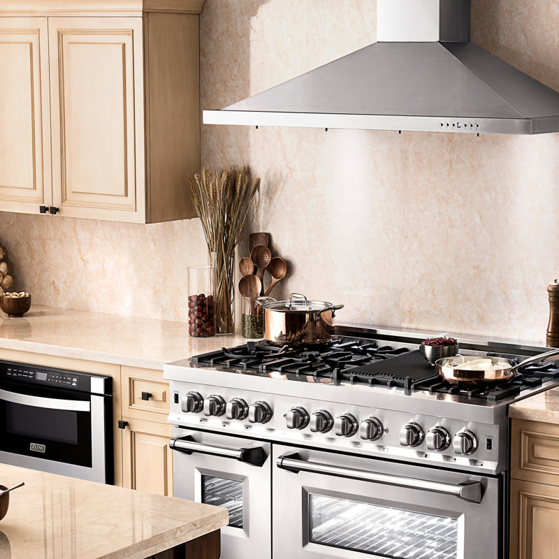 Colorful Series Professional 2 Piece Kitchen Package with 48" Freestanding Dual Fuel Range & 48" Wall Mount Range Hood, Snow