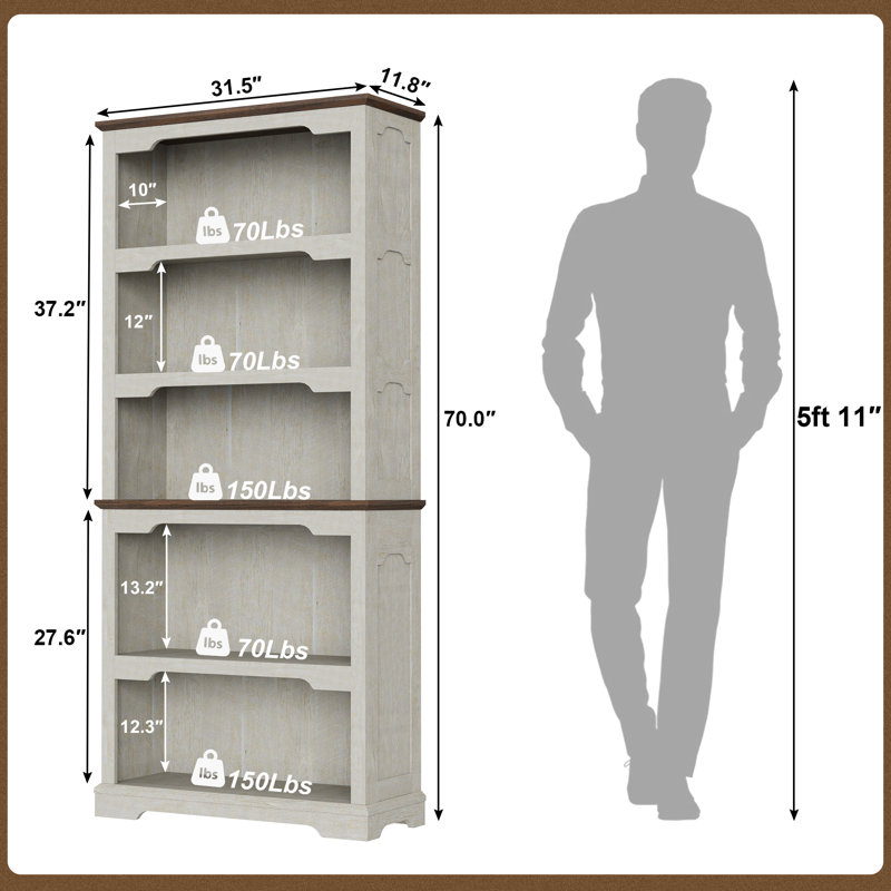 5 Shelf Standard Bookcase, Storage And Display Bookshelf, White/Oak, Open