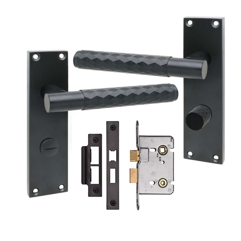 Golden Grace 1 Pair Victorian Knurled Diamond Cut Bathroom Door Handle Matt Black Metal Mortise Lock Set with Fixing Screws - 150mm x 40mm
