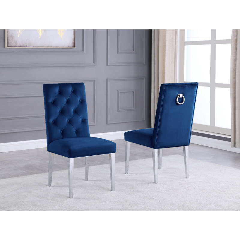 Carnahan Button Tufted Parsons Chair, Silver, Navy Blue