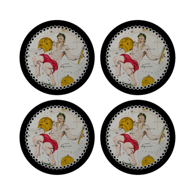 Zodiac Aquarius White Vegan Leather Round Coasters, Black