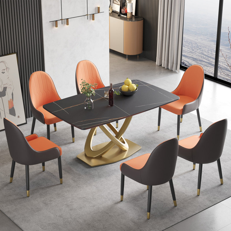 Ensemble de table de salle à manger à piédestal en pierre 7 pièces, Noir, Noir / orange