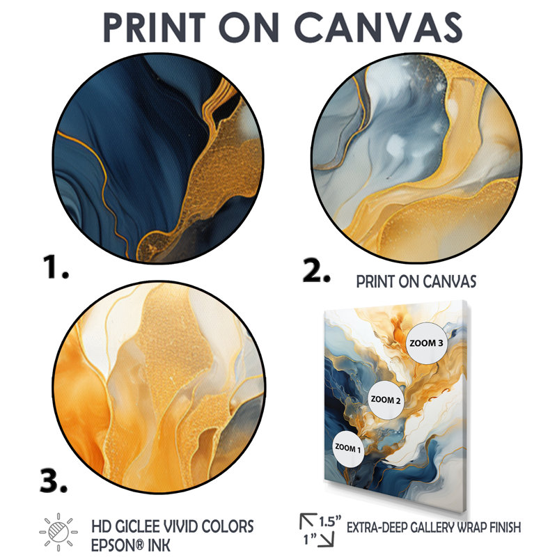 Sun Rays Ocean Blue White Gold IV - marbre, art mural, H 20 po x l 12 po x P 1 po, Toile avec cadre flottant noir