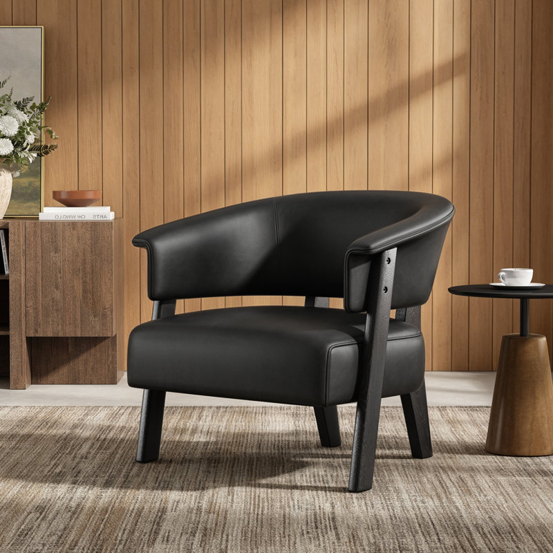 Fauteuil à oreilles en similicuir noir, monobloc, dossier enveloppant, design ergonomique, pieds en bois d'hévéa massif, 1