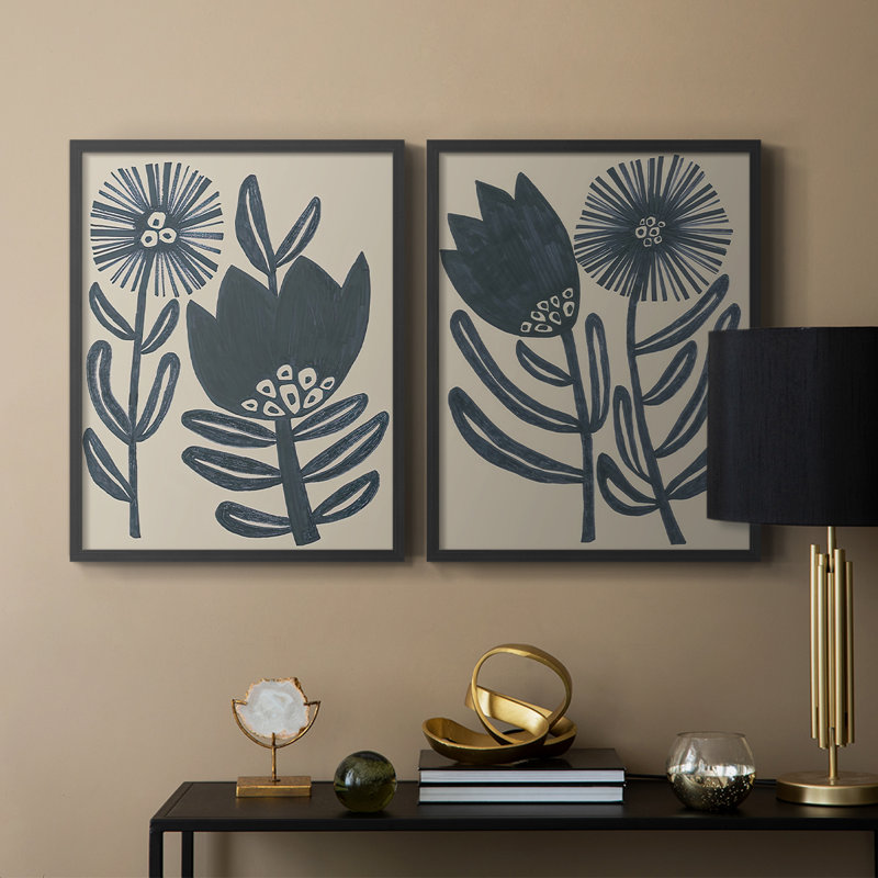«Blockprint Folk Flowers I», reproduction encadrée de qualité supérieure - prête à être accrochée - aucun clou requis - aucun clou requis