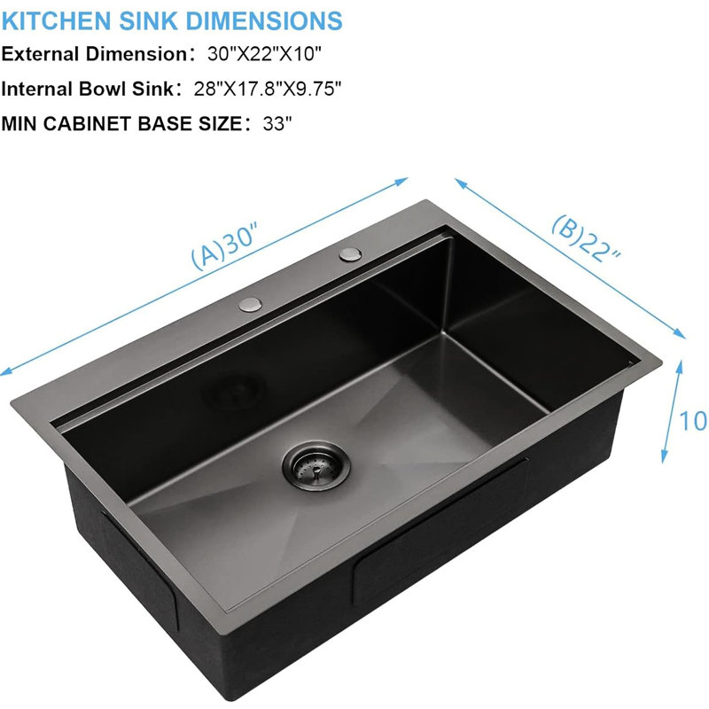 Évier de cuisine 30 po x 22 po en acier inoxydable, calibre 16, poste de travail fonctionnel en acier