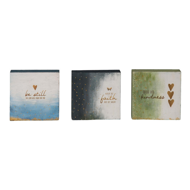 Wood 3.94 in. Spring Hand Painted Watercolor Block Decor Set of 3