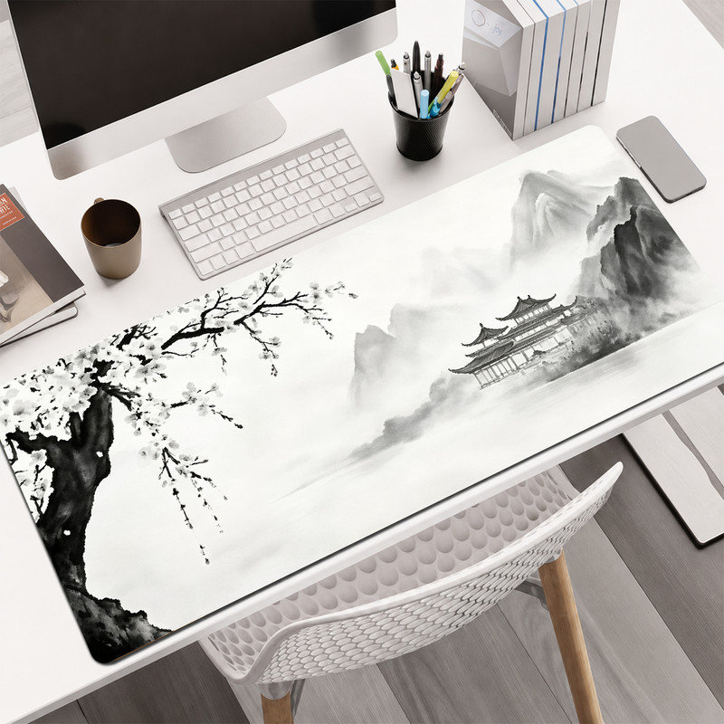  Tapis de souris en caoutchouc, surface en microfibre lisse, base antidérapante, tapis de souris décoratif à bord arrondi pour le bureau et les jeux, 12 po x 32 po, art à l'encre noire