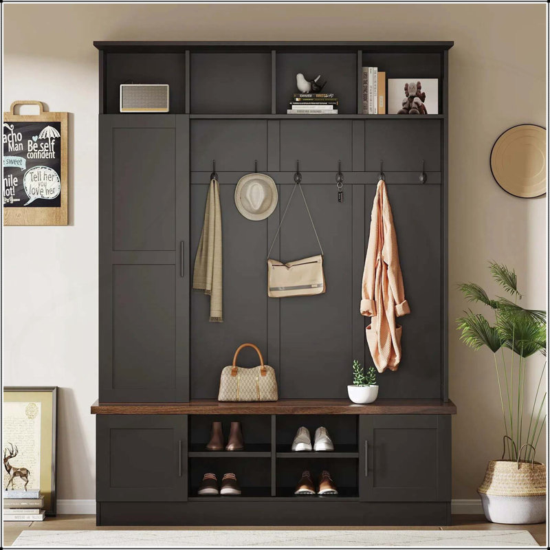 Modern Farmhouse Hall Tree with Storage, Seating, and Hooks for Versatile  Organization, Black/Dark Walnut