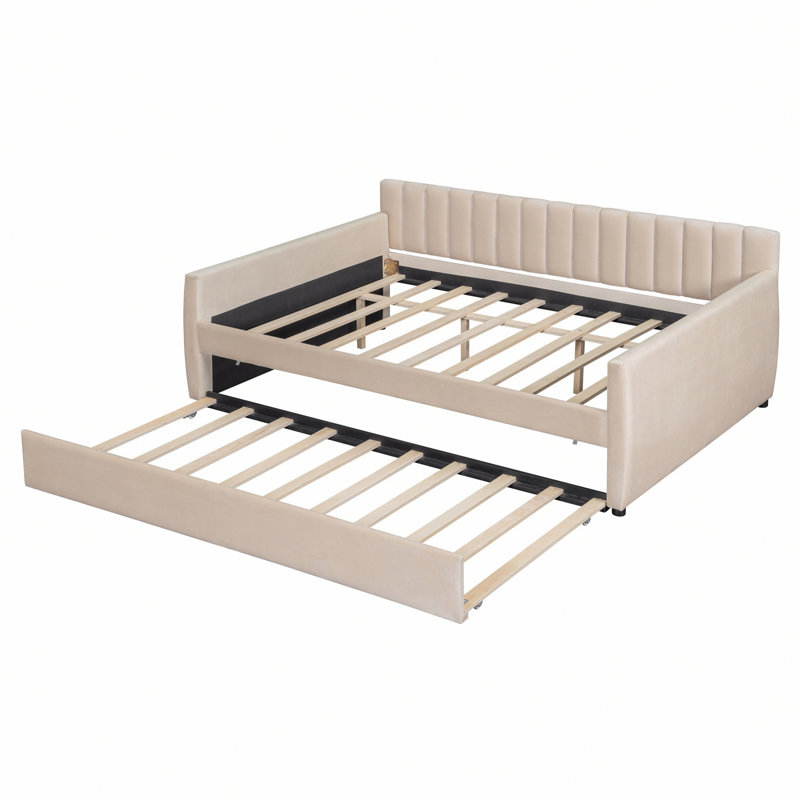 Elegant Style Upholstered Daybed With Trundle And Wood Slat Support, Beige