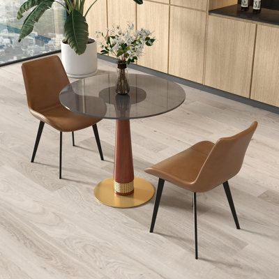 Modern Round Glass Small Conference Table With Solid Wood Base