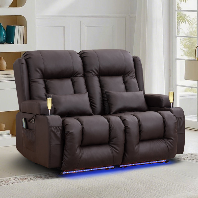 Power Reclining Sofa With Heat And Massage, Dual Recliner Loveseat With Cup Holders And And Led Lights, Brown