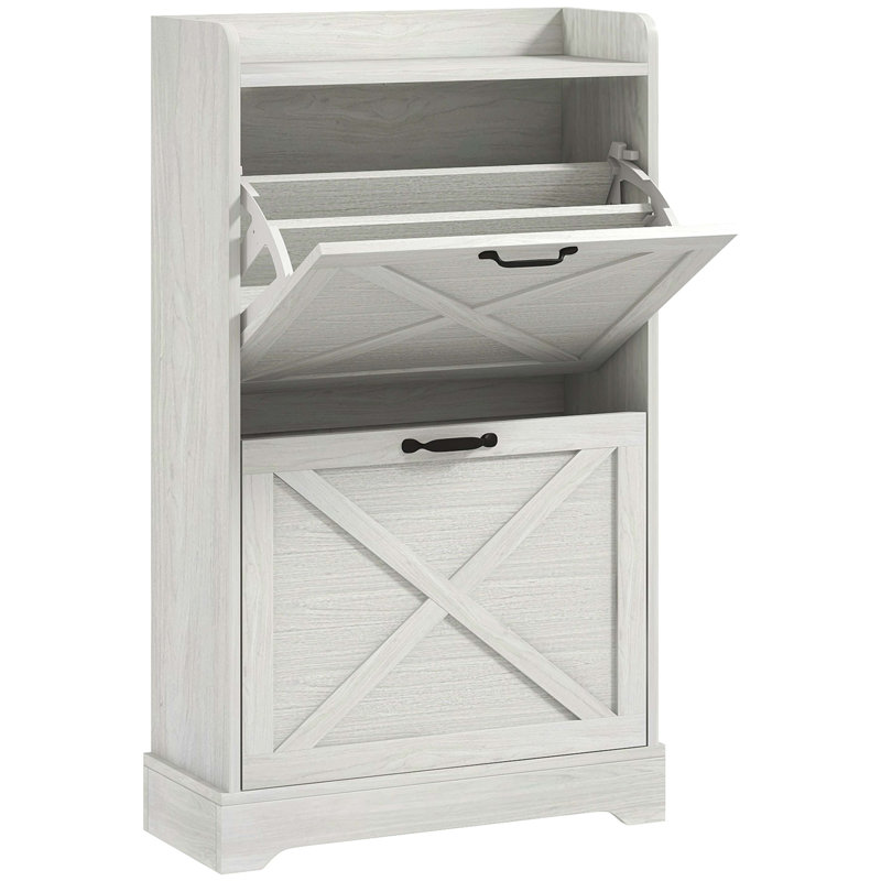 Slim Shoe Cabinet For Entryway, Farmhouse Hidden Shoe Storage Cabinet With 2 Flip Drawers And Adjustable Shelves For 8 Pairs Of Shoes, Distressed White