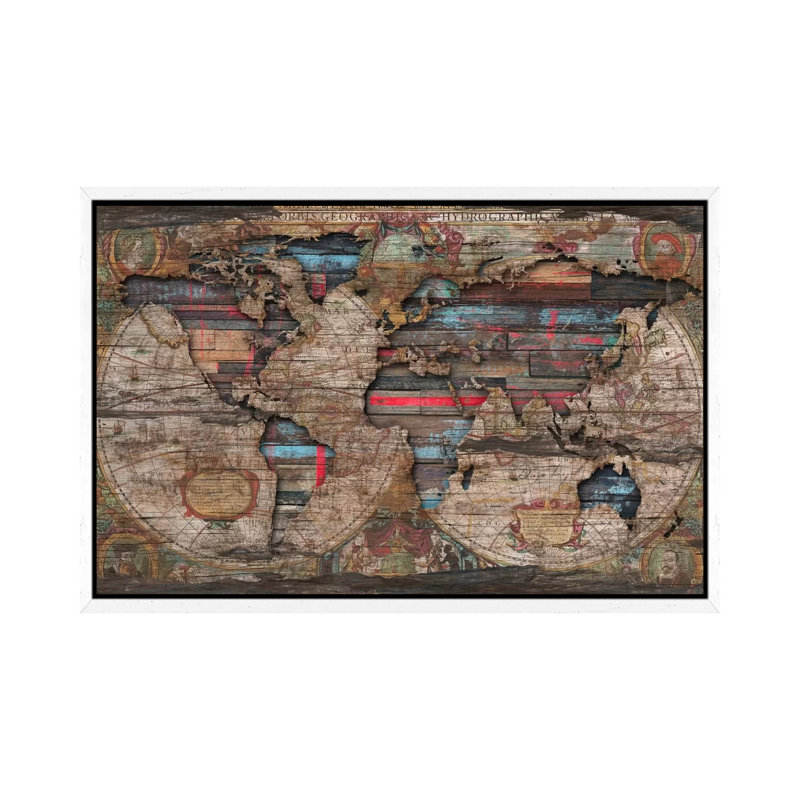 Distressed World Map by Diego Tirigall - Print on Canvas, White Framed, 101.6 cm H x 66.04 cm W