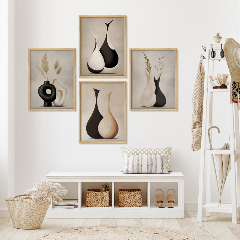 Ensemble de 4 pièces d'art mural moderne vase neutre - impressions bohème minimalistes avec de l'herbe de pampa pour la chambre ou le salon