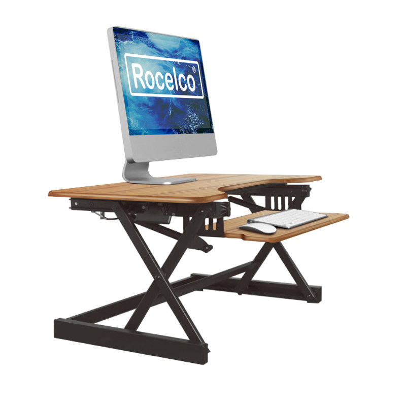 Rocelco 40 in. Black Height Adjustable Standing Desk Converter with Dual Monitor Mount Arm and Deep Keyboard Tray