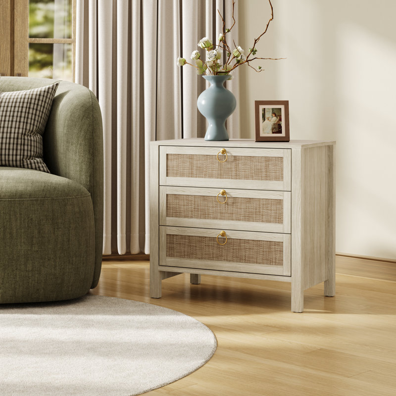 Pomodoro Boho-Inspired Rattan Nightstand With 3-Drawer, White