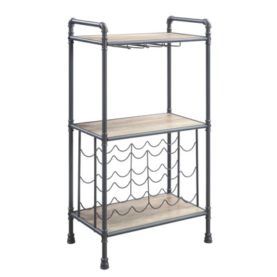 Antique Oak & Sandy Gray Wine Storage, 3 Industrial Rack, 18 Capacity, Cup Holder, Beautifies Home Bar And Kitchen Storage Build, Stores 18 Bottles, Strengthens