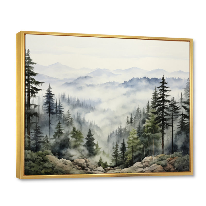 «Pine Tree Misty Mountain I», art sur toile de pin, Reproduction avec cadre flottant, H 12 po x l 20 po, Doré