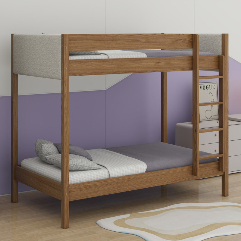 Bunk Bed Frame With Ladder, Safety Guardrails, Upholstered Headboard/Footboard