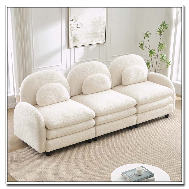 Canapé en tissu Teddy Cloud, dossier incurvé et accoudoirs avec coussins lombaires, Beige blanc + 3 sièges