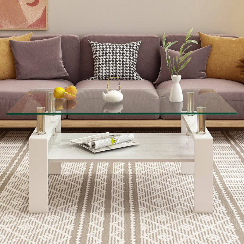 Table basse rectangulaire, plateau de table en verre trempé avec panneau de fibres à densité moyenne, Transparent, White
