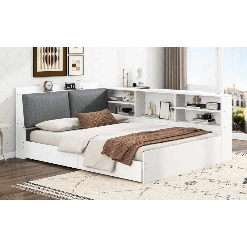 Structure de lit double pleine grandeur avec tête de lit avec rangement, 2 tiroirs et construction, planche rotative en bois de pin multiple, stable de longue durée