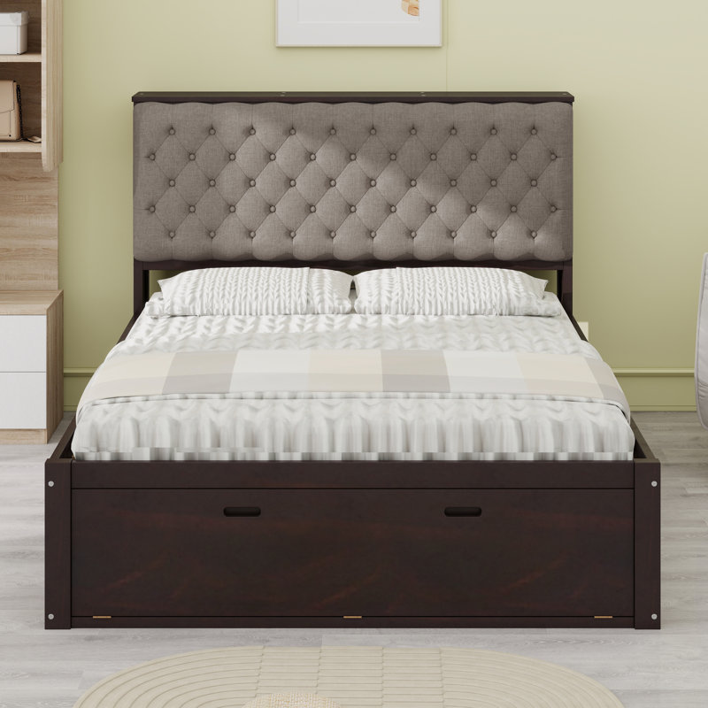 Lit plateforme en bois robuste avec 4 tiroirs, tête de lit et range-chaussures, Espresso