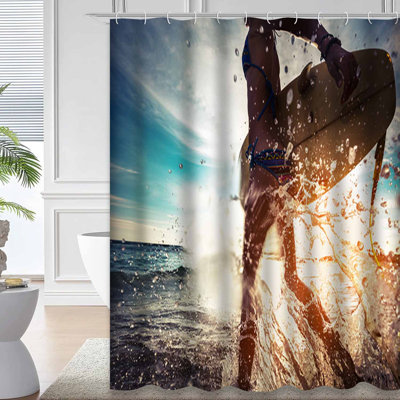 Lady Surfer Surfboard Beach Sea Running Shower Curtain with 12 Hooks