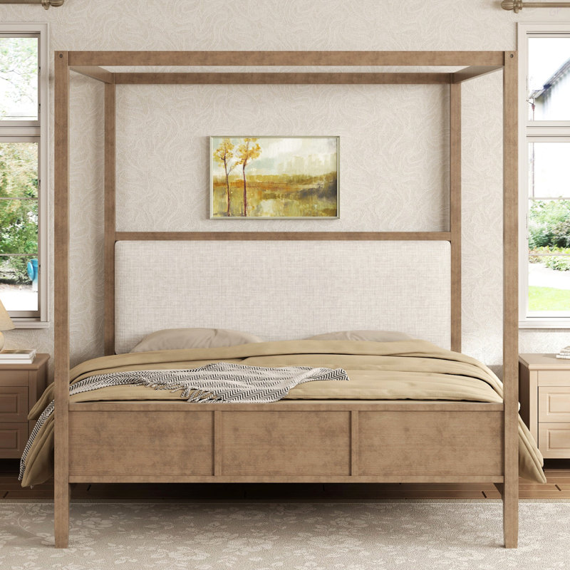 Grand lit plateforme à baldaquin en bois avec tête de lit tapissier, sans sommier tapissier, Queen, Natural Walnut