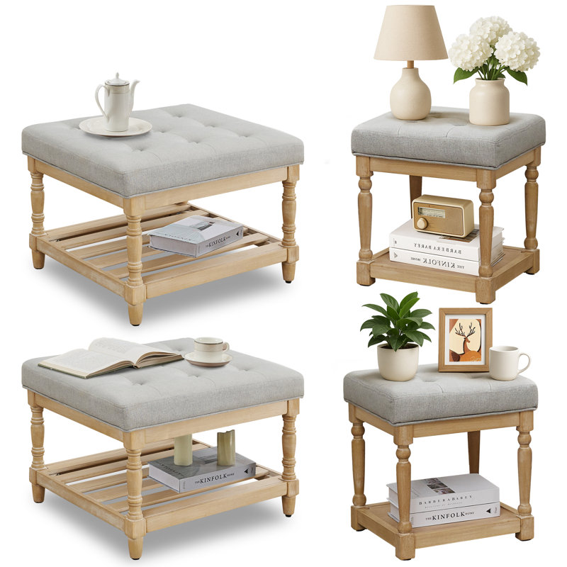  Gladis 4-Piece Linen Fabric Coffee Table and End Table Set with Storage, Gray Top/Light Brown Base