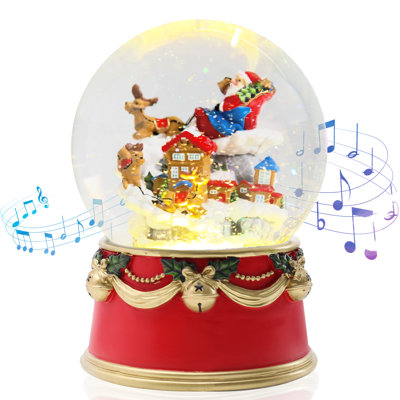  Boule à neige musicale de Noël à rotation automatique avec traîneau du Père Noël et renne, lumières DEL et musique - globe d'eau festif avec neige scintillante, base rouge et or, décoration intérieure et cadeaux de Noël