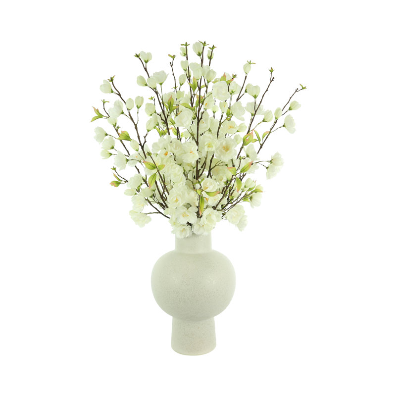 Organic Modern Cherry Blossoms in Ceramic Vase, White