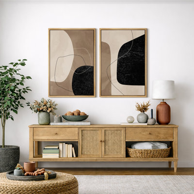 Mid Century Shape "Warm Brown & Faded Black Abstract Lines Artwork, Modern Minimalist Neutral Wall Pictures, Framed Canvas Giclée Print 2 Pieces Wall Art" 16x24x2 pcs, 24x36x2 pcs