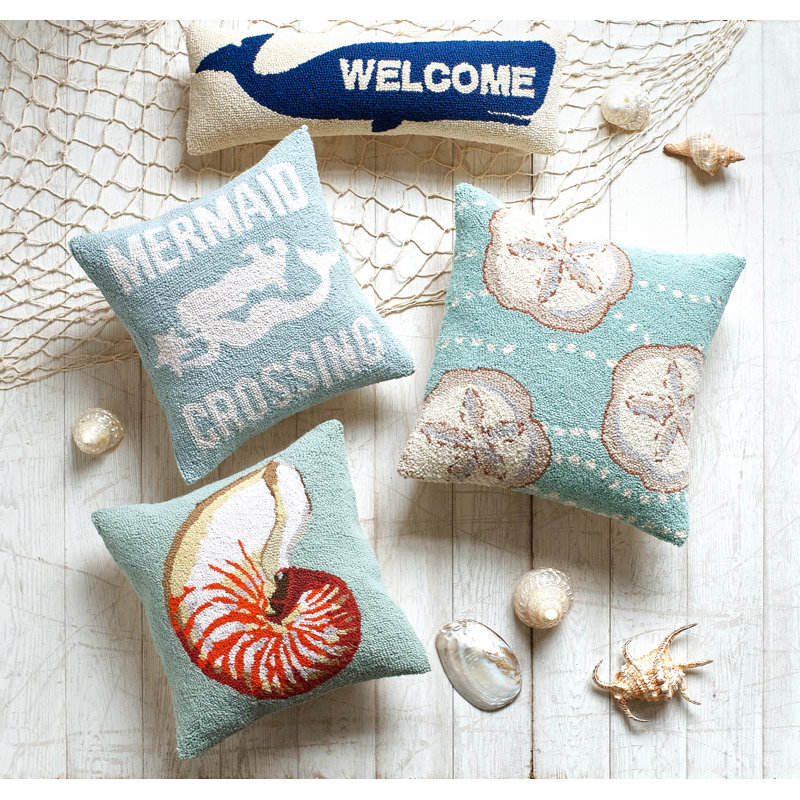 The Pillow Shoppe Welcome Whale Wool Hook Coastal Pillow with Removable Cover, 8x24" Oblong