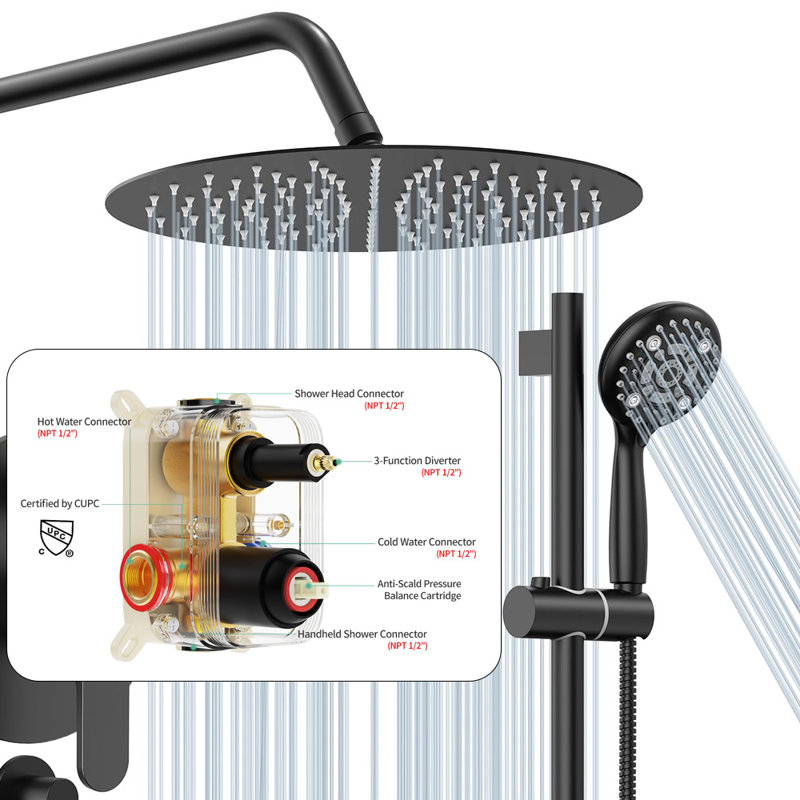 12 Inch Rain Shower Head And Handheld 6-Spray Combo Set With Slide Bar, Matte Black