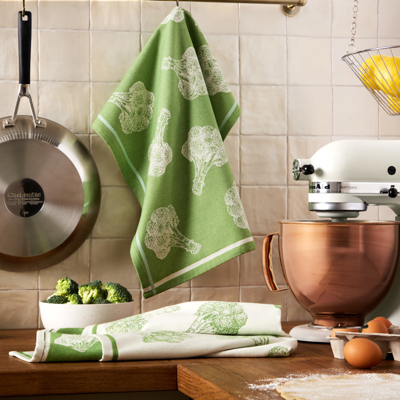 KITCHENAID Harvest Flatwoven Jacquard Kitchen Towels 2-Pack, Matcha/Pistachio Broccoli, 20"x30", Green Broccoli