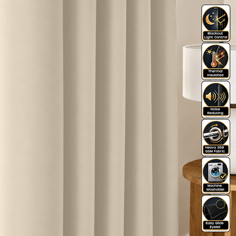 260 GSM Thermal Blackout Eyelet Curtains, Cream, 167cm Width x 183cm Drop