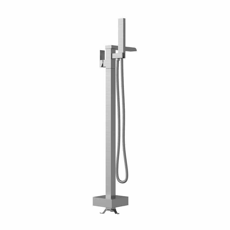 Robinet de baignoire à fixation au sol GarveeHome, robinet de baignoire autoportant à poignée simple avec douche à main, robinet de salle de bain pivotant à 360 degrés